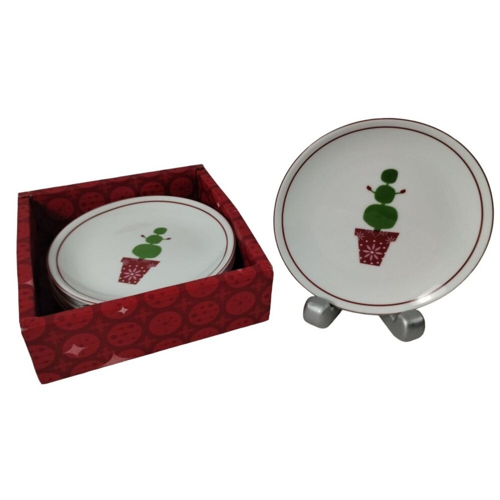 Starbucks Coffee Topiary Tree Snowman Holiday 6 in Snack Plates 4 Pieces 2006